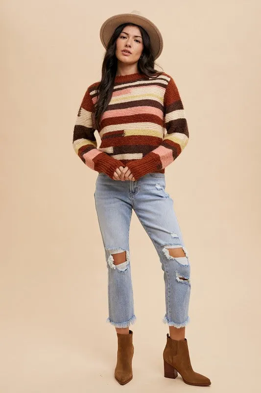 Brown Color Block Round Neck Long Sleeve Sweater