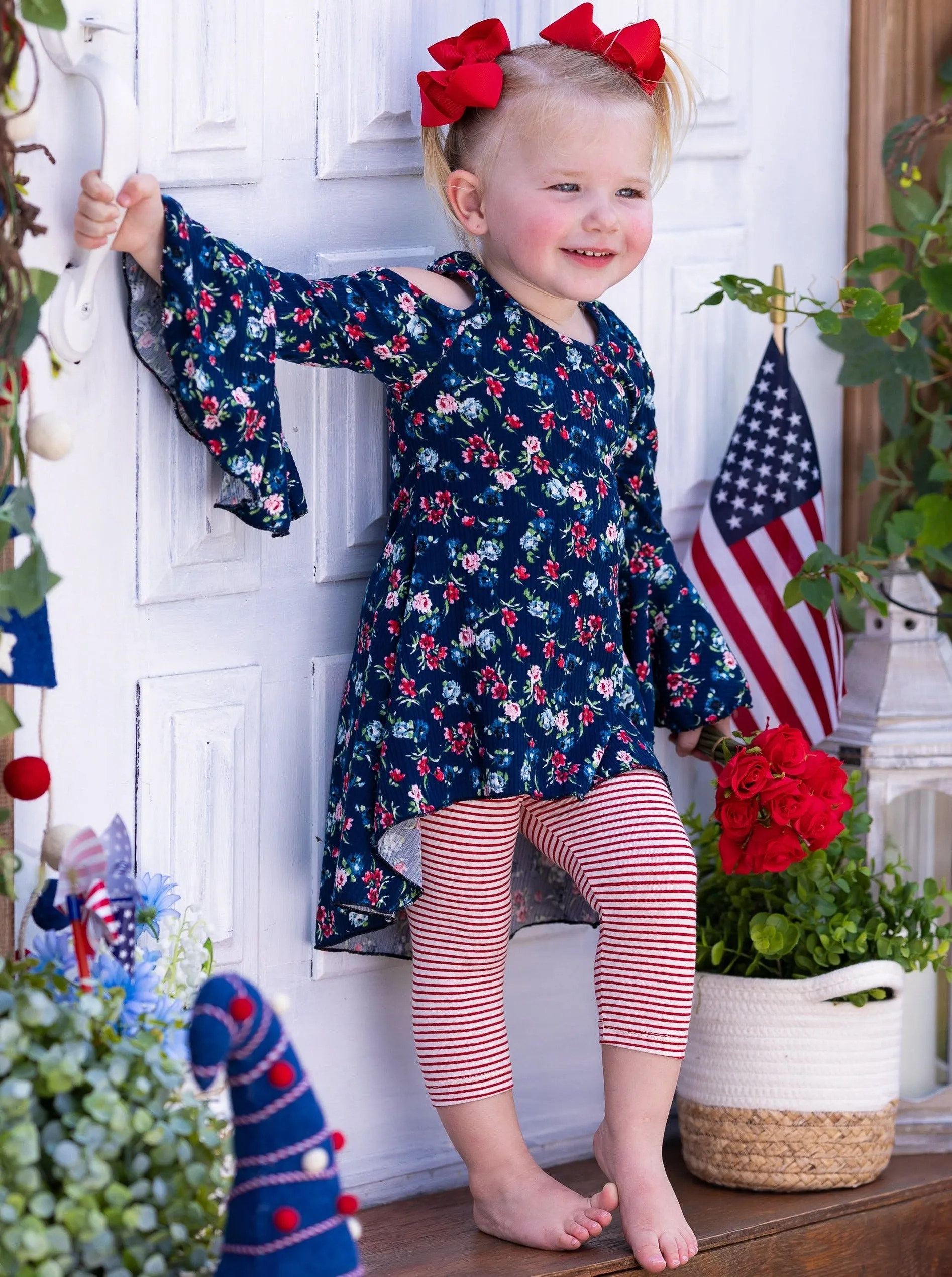 Calico Chic Cold Shoulder Tunic and Striped Legging Set