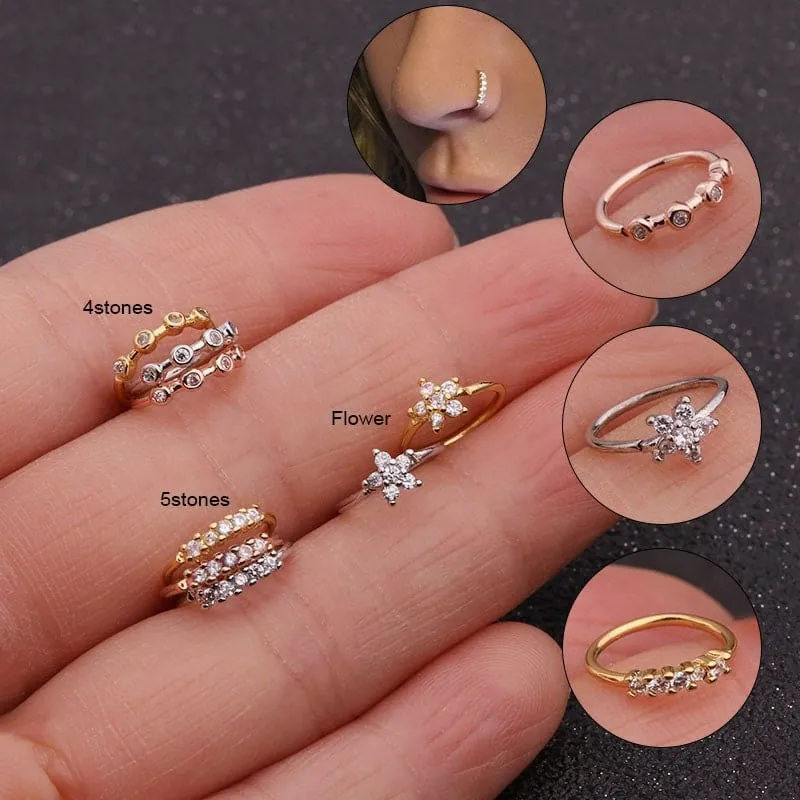 Chic CZ Inlaid Floral Stone Nose Piercing Nose Hoop