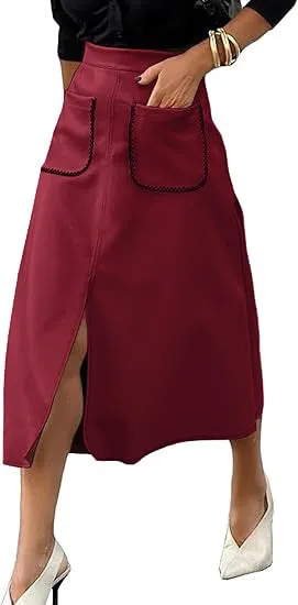 Chic Faux Suede A-Line Midi Skirt with Front Pockets