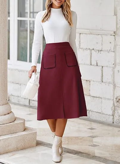 Chic Faux Suede A-Line Midi Skirt with Front Pockets
