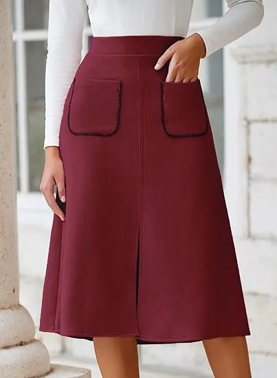 Chic Faux Suede A-Line Midi Skirt with Front Pockets