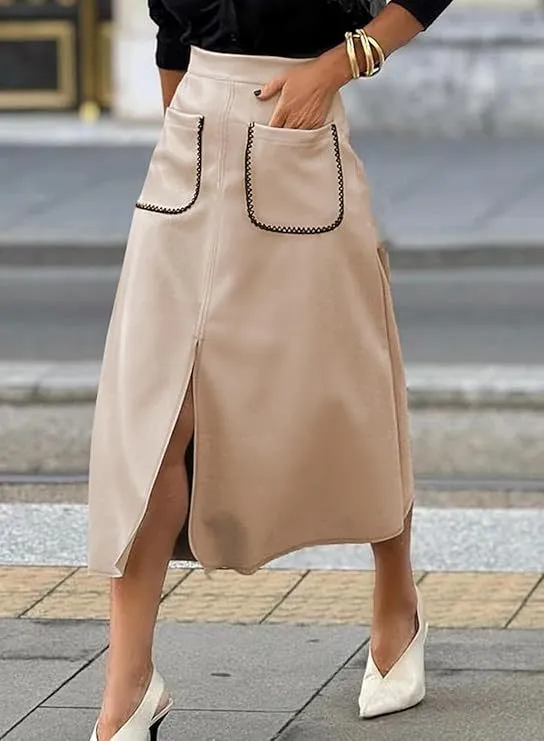 Chic Faux Suede A-Line Midi Skirt with Front Pockets