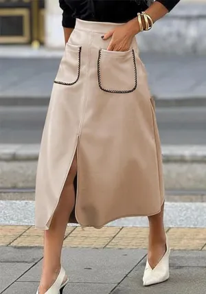 Chic Faux Suede A-Line Midi Skirt with Front Pockets