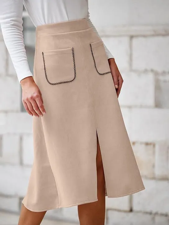 Chic Faux Suede A-Line Midi Skirt with Front Pockets