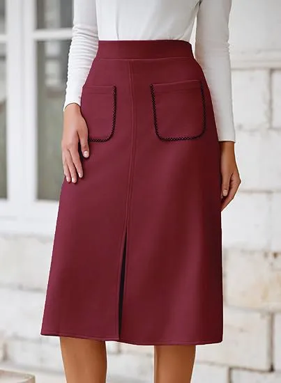 Chic Faux Suede A-Line Midi Skirt with Front Pockets