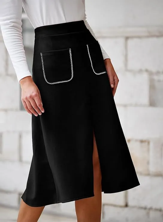 Chic Faux Suede A-Line Midi Skirt with Front Pockets