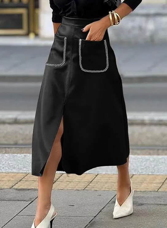Chic Faux Suede A-Line Midi Skirt with Front Pockets