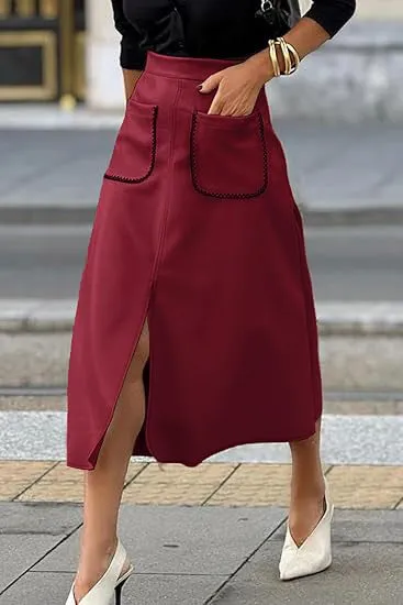 Chic Faux Suede A-Line Midi Skirt with Front Pockets