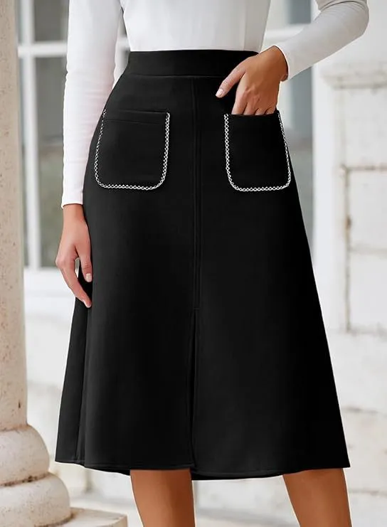 Chic Faux Suede A-Line Midi Skirt with Front Pockets