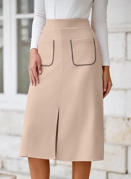 Chic Faux Suede A-Line Midi Skirt with Front Pockets