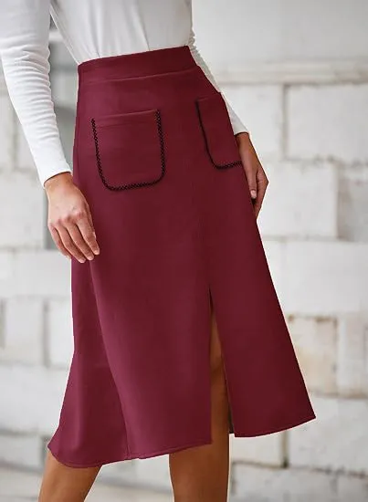 Chic Faux Suede A-Line Midi Skirt with Front Pockets