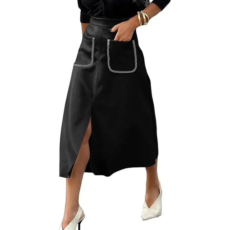 Chic Faux Suede A-Line Midi Skirt with Front Pockets