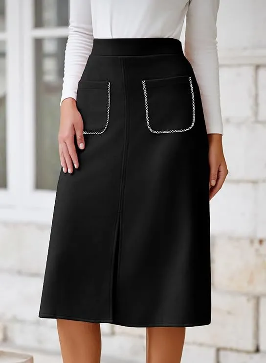 Chic Faux Suede A-Line Midi Skirt with Front Pockets