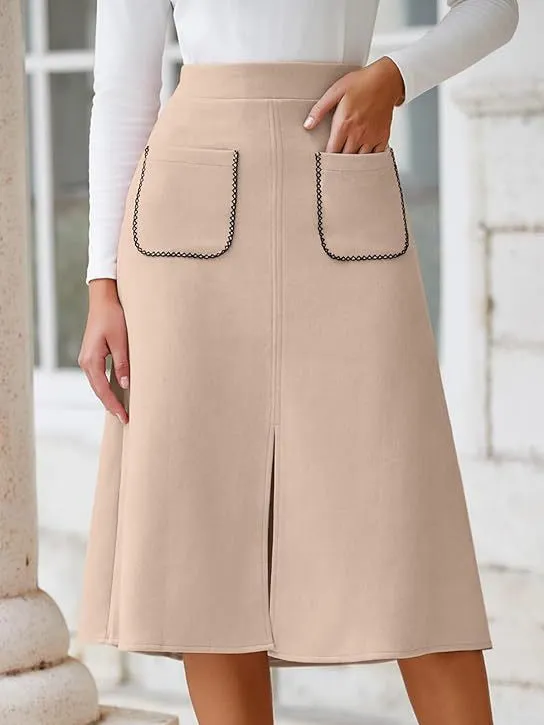 Chic Faux Suede A-Line Midi Skirt with Front Pockets