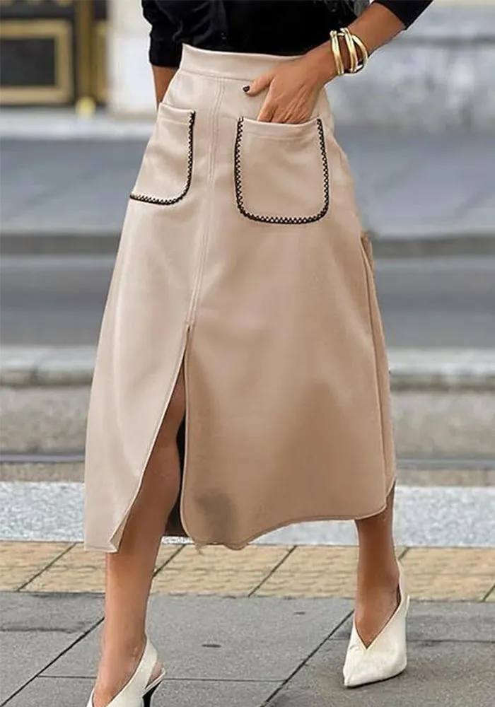 Chic Faux Suede A-Line Midi Skirt with Front Pockets