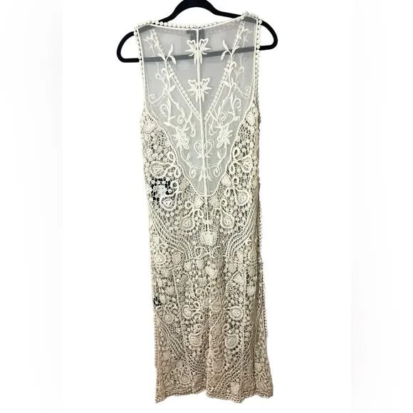 Cliche’ Boho Crochet Lace Duster Sleeveless Cream SZ M/L NWT