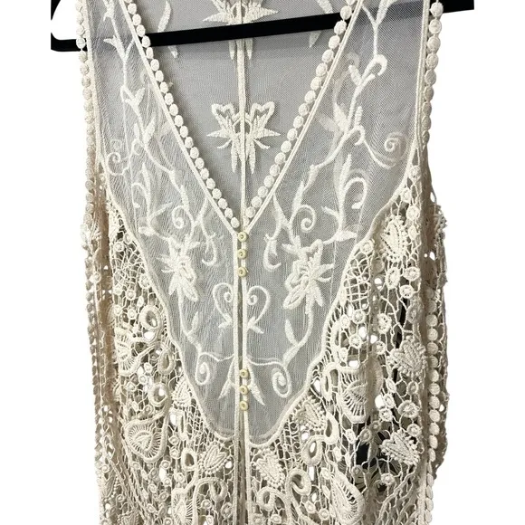 Cliche’ Boho Crochet Lace Duster Sleeveless Cream SZ M/L NWT