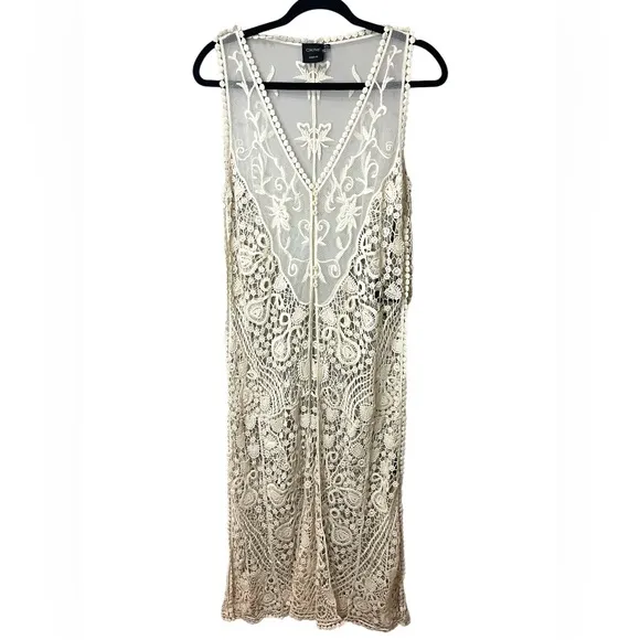 Cliche’ Boho Crochet Lace Duster Sleeveless Cream SZ M/L NWT