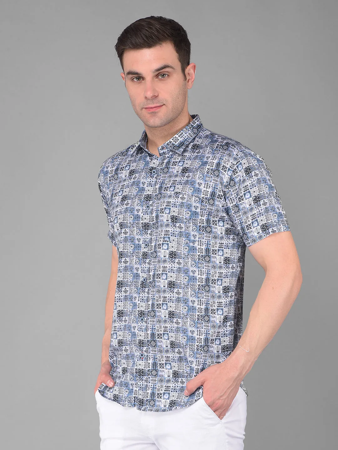 COBB BLUE PRINTED HALF-SLEEVE SLIM FIT CASUAL SHIRT