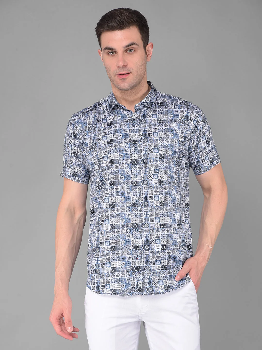 COBB BLUE PRINTED HALF-SLEEVE SLIM FIT CASUAL SHIRT