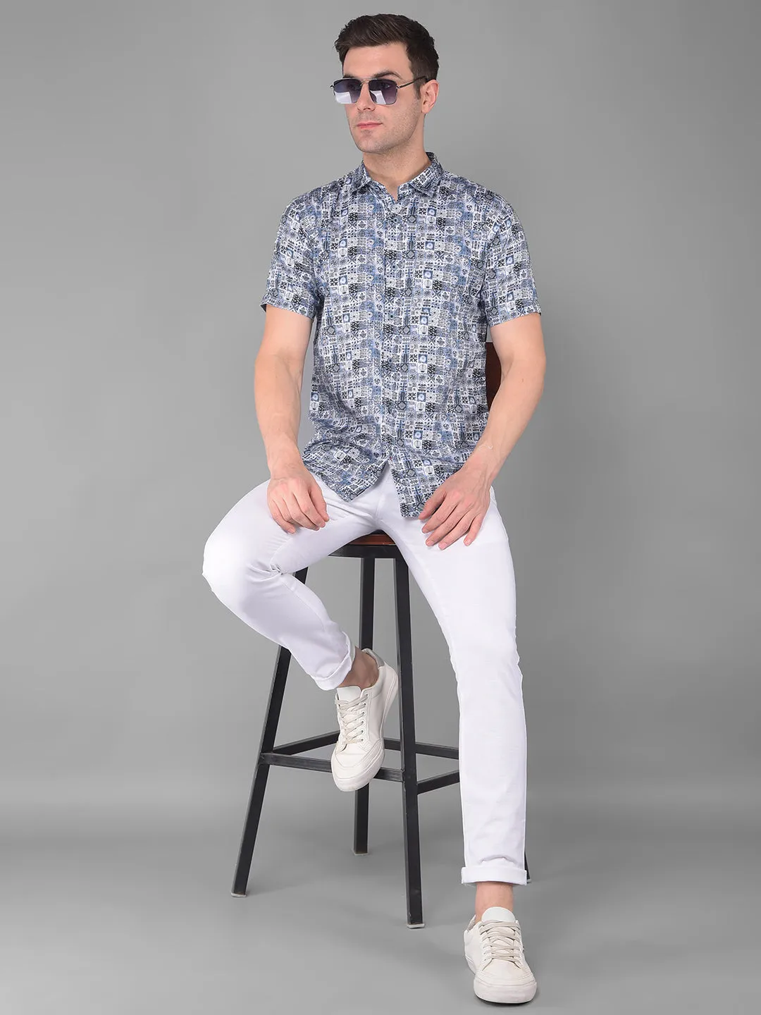 COBB BLUE PRINTED HALF-SLEEVE SLIM FIT CASUAL SHIRT