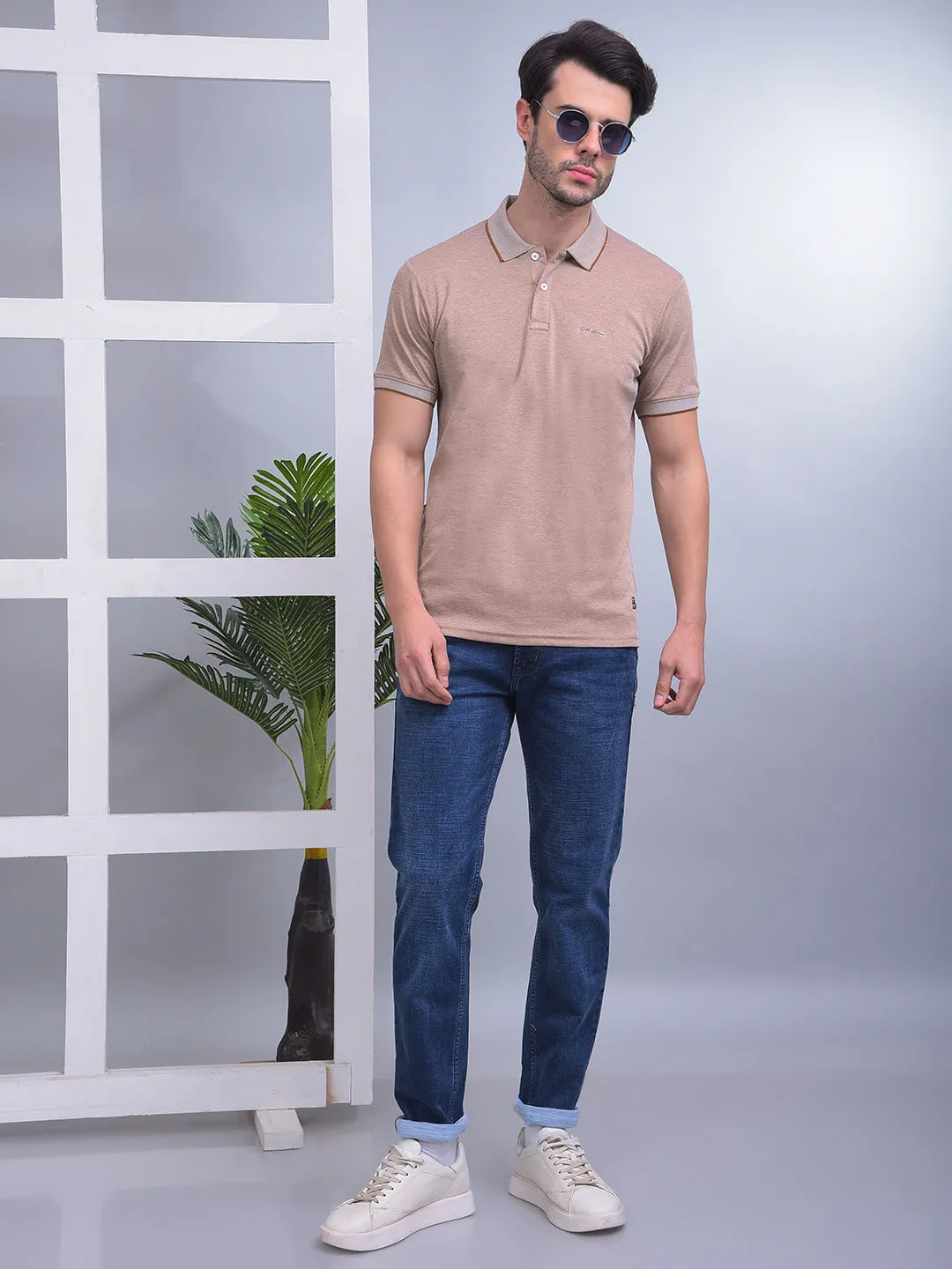 COBB SOLID LIGHT BROWN POLO NECK T-SHIRT
