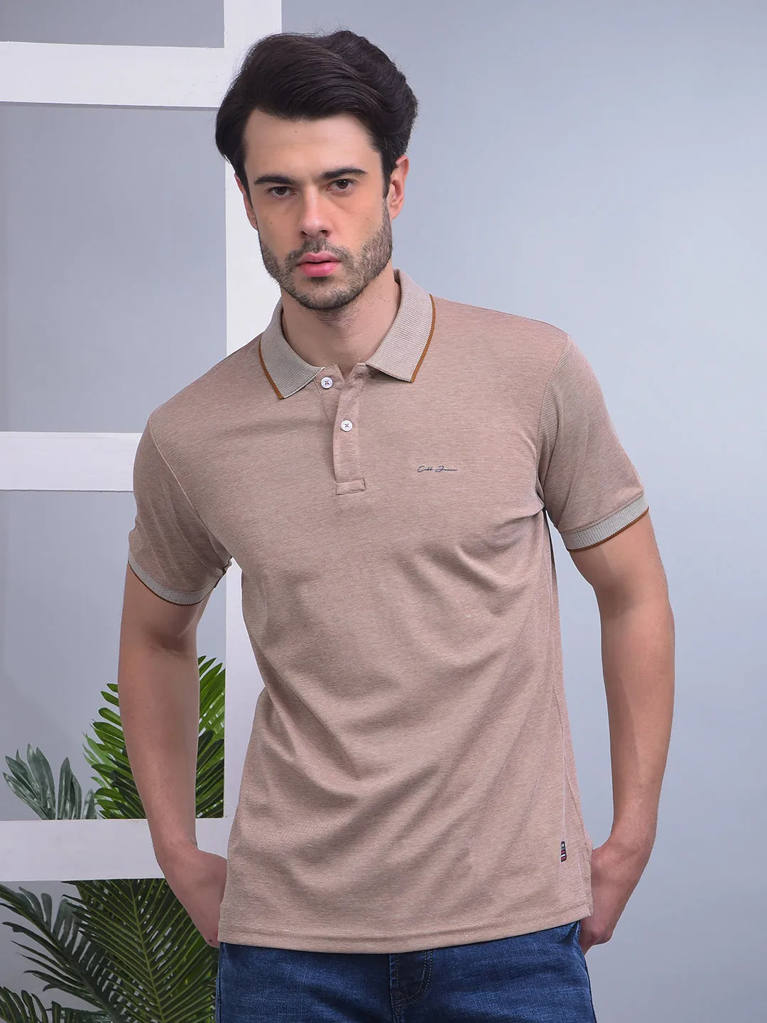 COBB SOLID LIGHT BROWN POLO NECK T-SHIRT