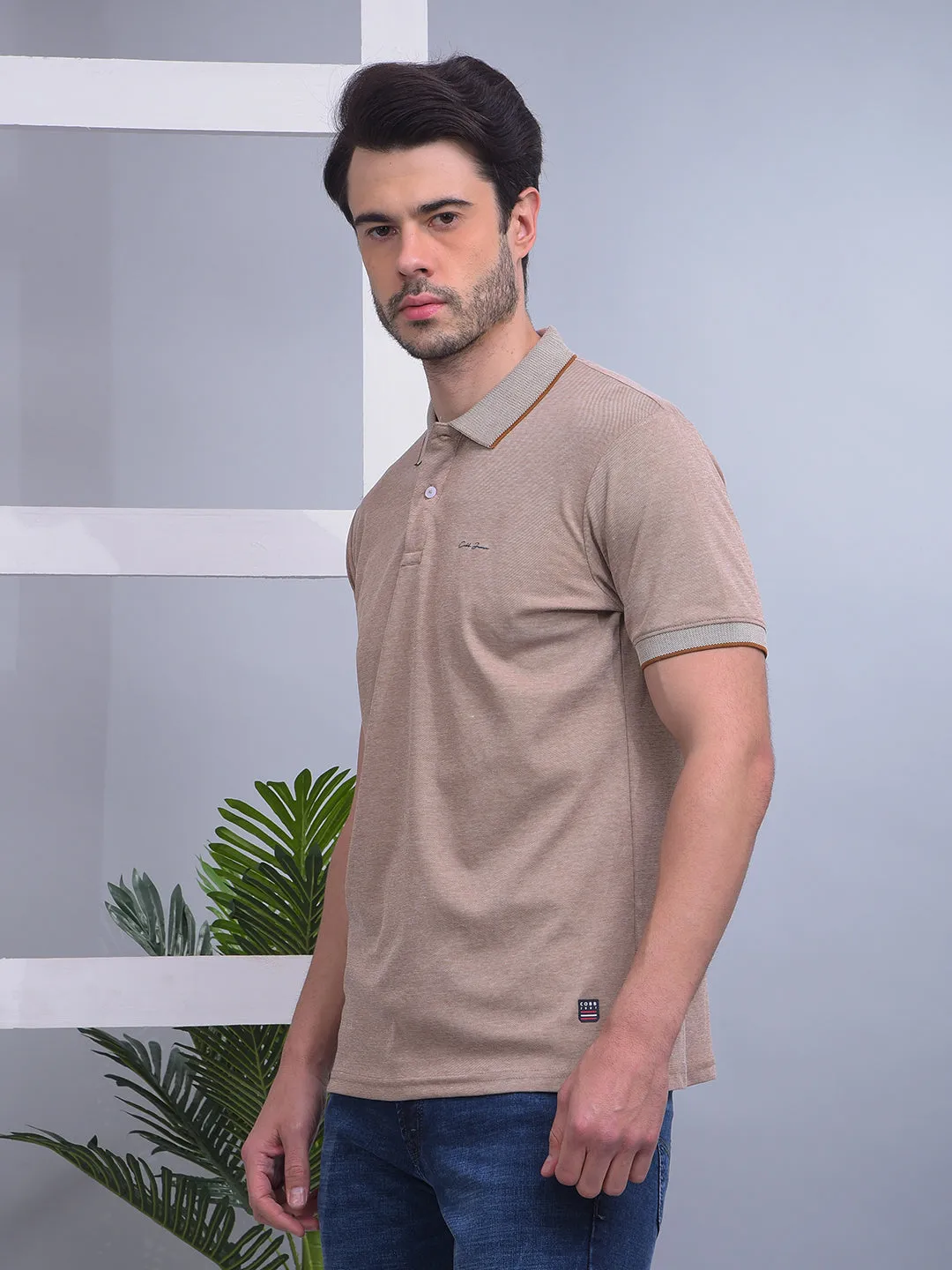 COBB SOLID LIGHT BROWN POLO NECK T-SHIRT