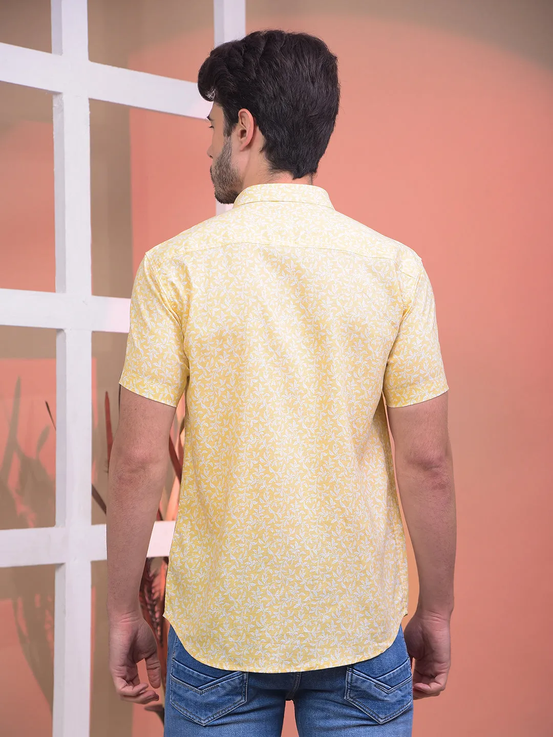 COBB YELLOW PRINTED HALF-SLEEVE CASUAL SHIRT