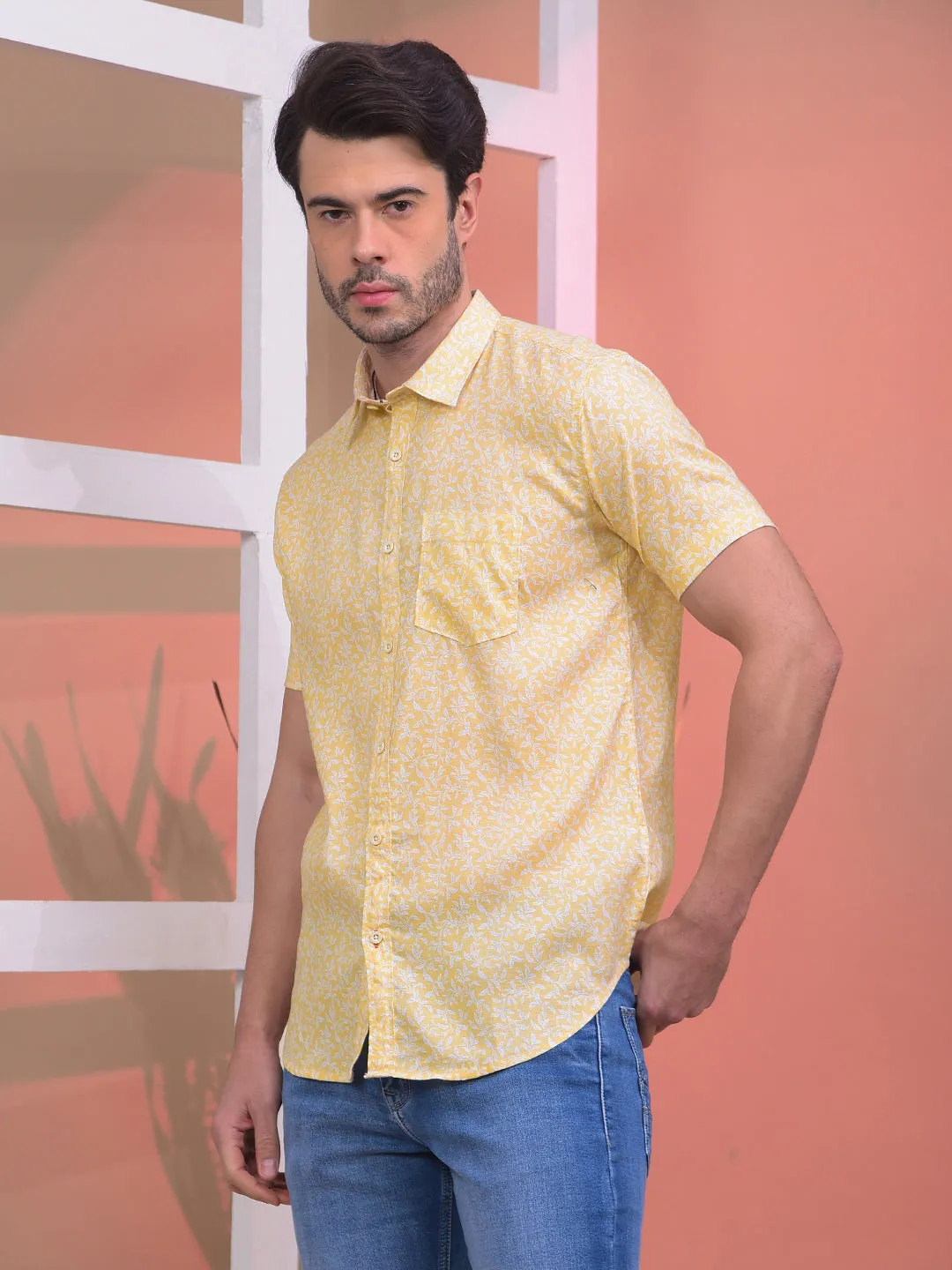 COBB YELLOW PRINTED HALF-SLEEVE CASUAL SHIRT