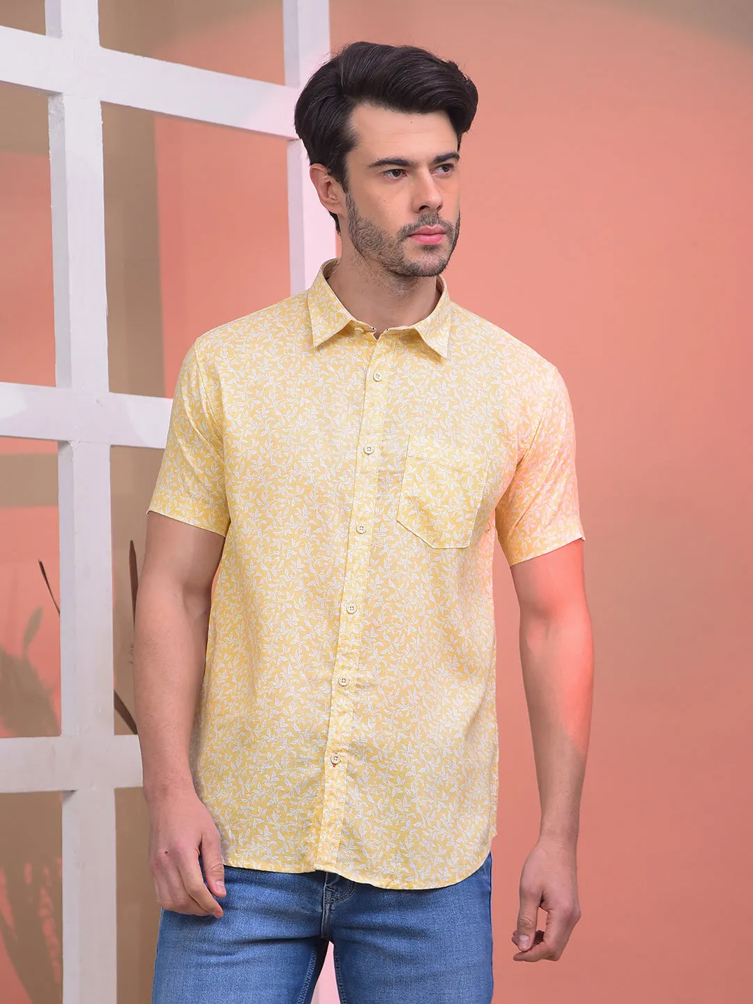 COBB YELLOW PRINTED HALF-SLEEVE CASUAL SHIRT