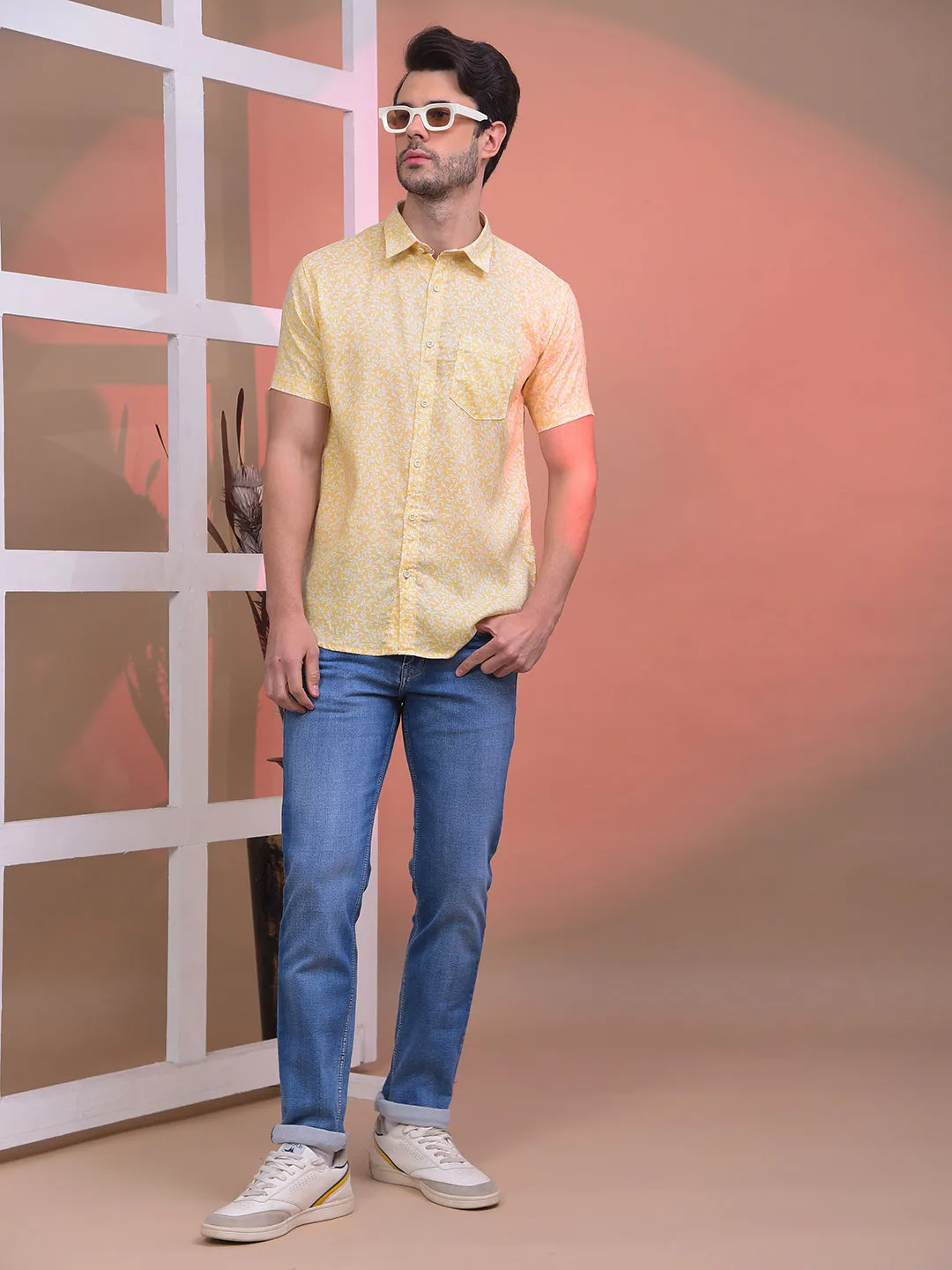 COBB YELLOW PRINTED HALF-SLEEVE CASUAL SHIRT
