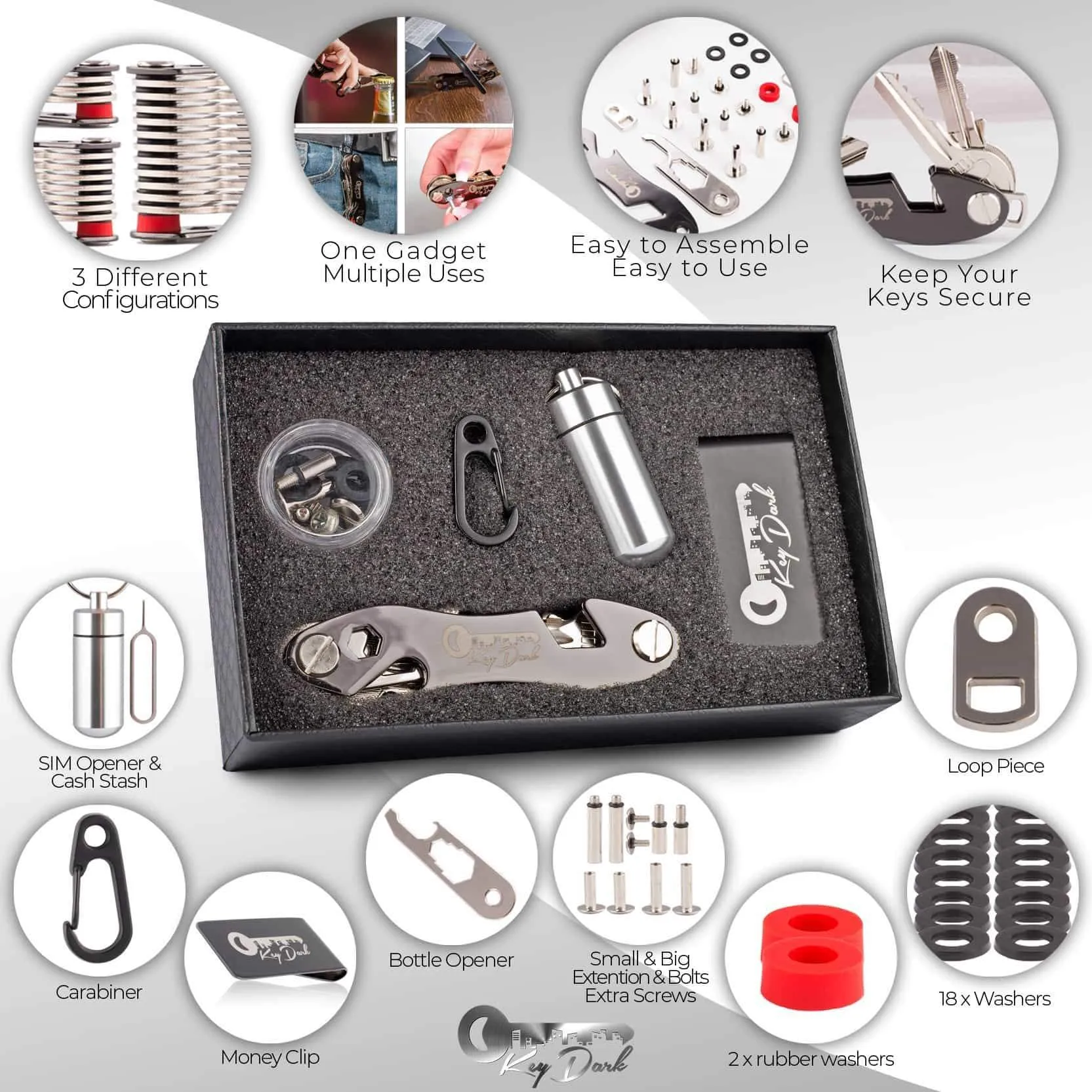 Compact Key Holder and Keychain Organizer | Smart Pocket Key Organizer (Up To 22 Keys) | Premium Multitool Gadget with Stainless Steel Bottle Opener and Carabiner | Money Clip Bonus Included | Black |