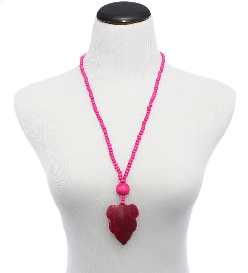 Dark Pink Wooden Beaded Leaf Charm Necklace