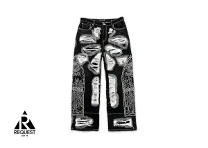 Darning Side Embroidered Denim Jeans "Coal"