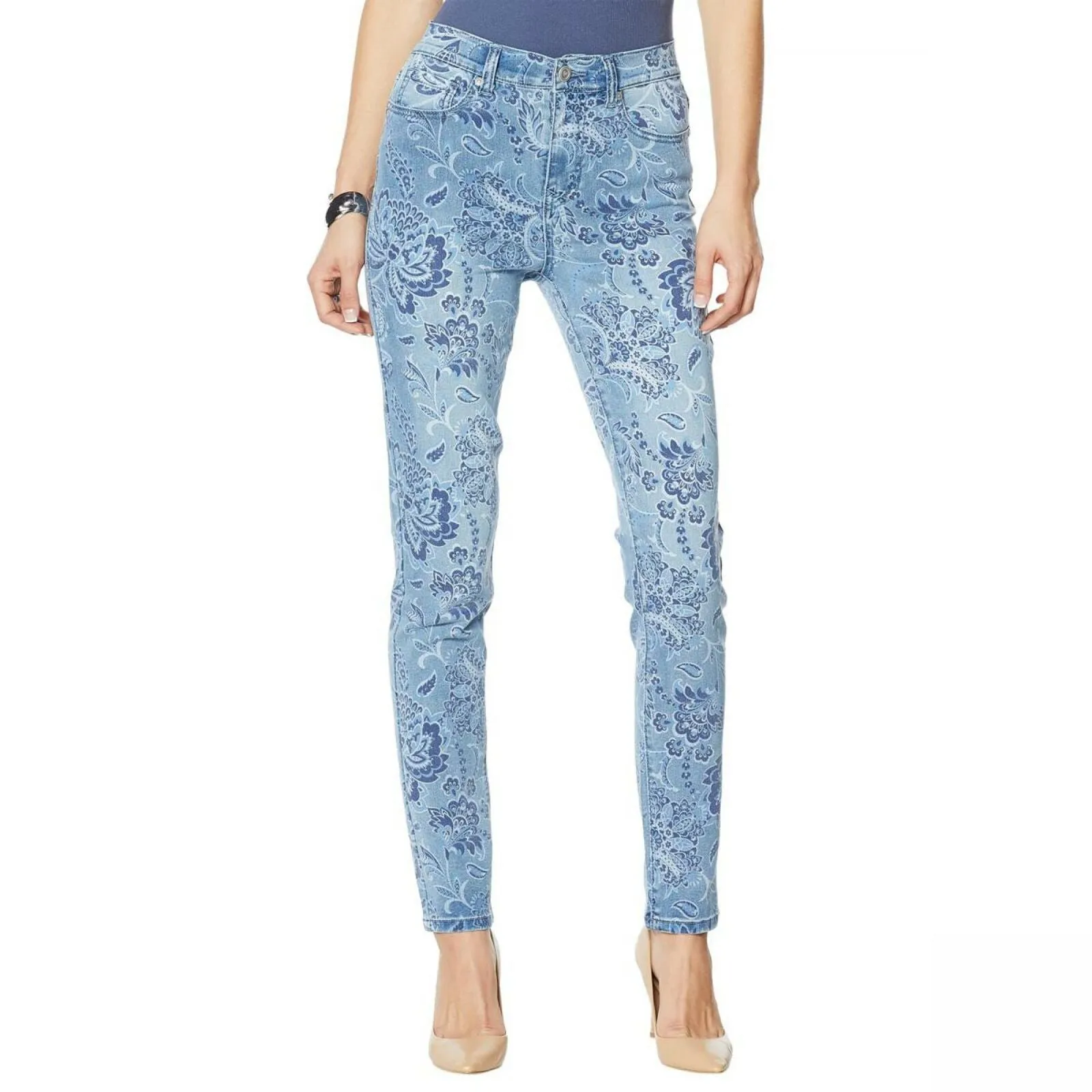 DG2 by Diane Gilman Women's Petite Virtual Stretch Paisley Print Skinny Jeans