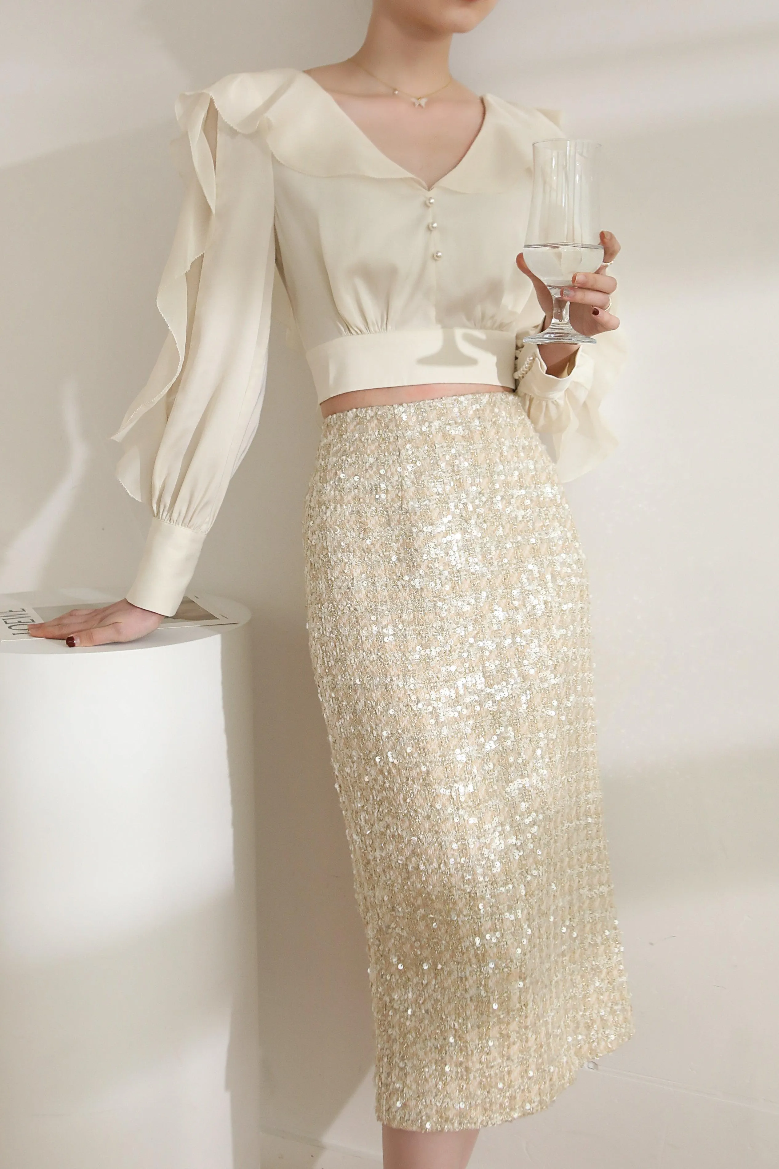 Diamante Checked Tweed Midi Skirt