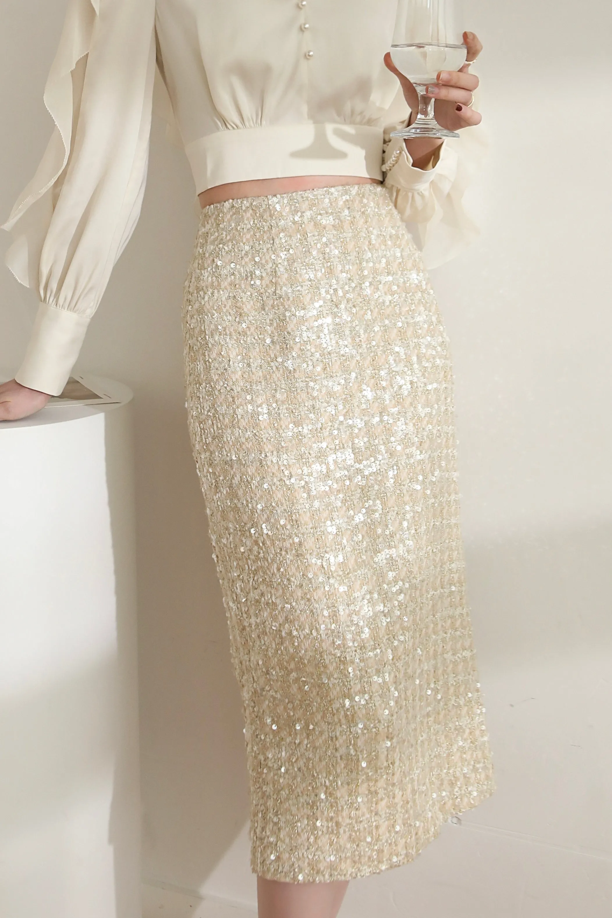 Diamante Checked Tweed Midi Skirt