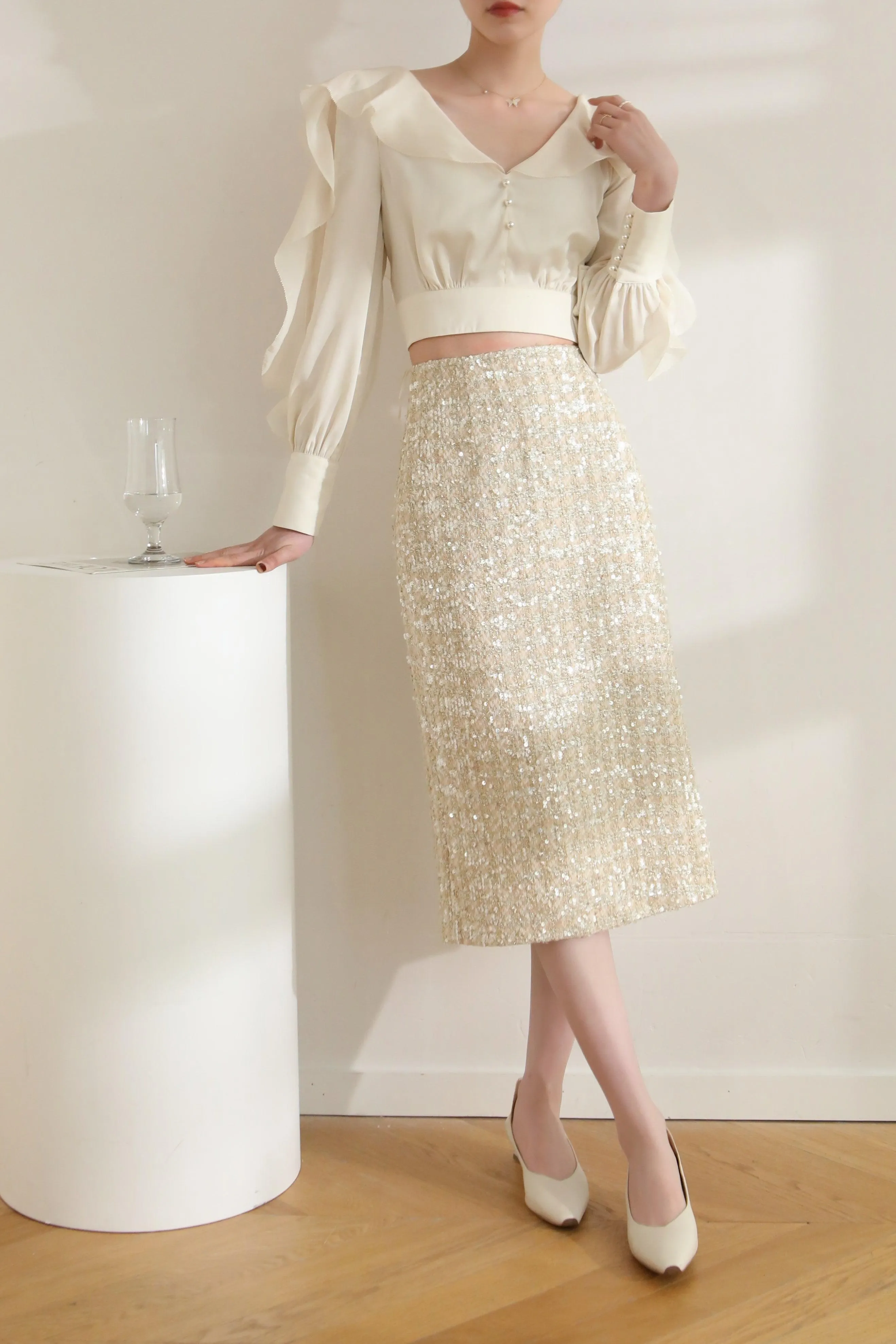 Diamante Checked Tweed Midi Skirt