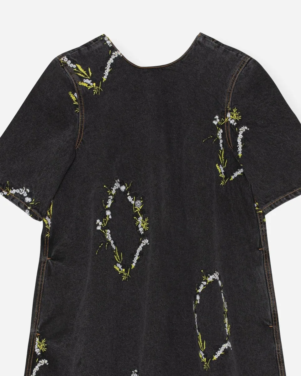 Embroidery Denim A-line Mini Dress - Washed Black/Black