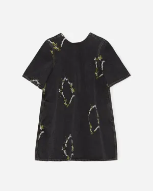 Embroidery Denim A-line Mini Dress - Washed Black/Black