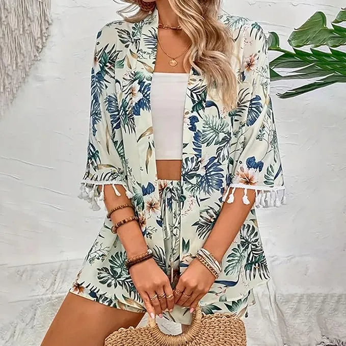 Emily™ - Chic Floral Cardigan and Beach Shorts Ensemble