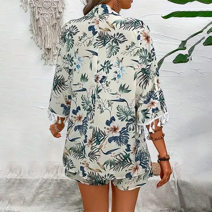 Emily™ - Chic Floral Cardigan and Beach Shorts Ensemble