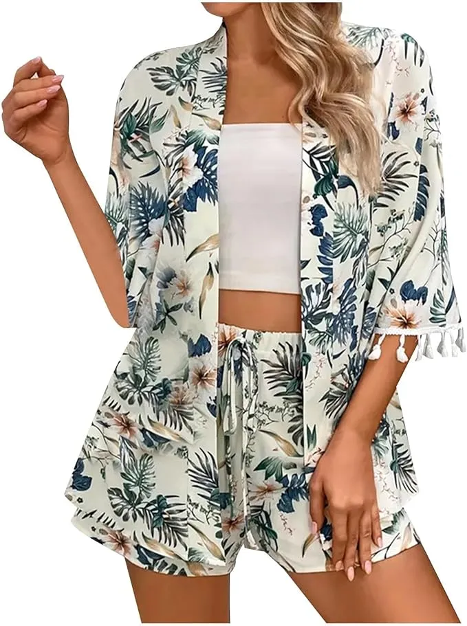 Emily™ - Chic Floral Cardigan and Beach Shorts Ensemble