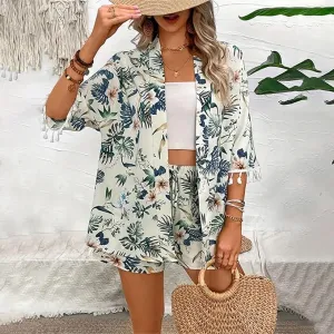 Emily™ - Chic Floral Cardigan and Beach Shorts Ensemble