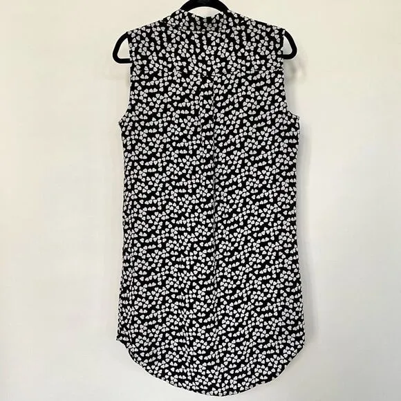 Equipment Black White Endless Hearts Printed Sleeveless Dress 100% Silk, Size M