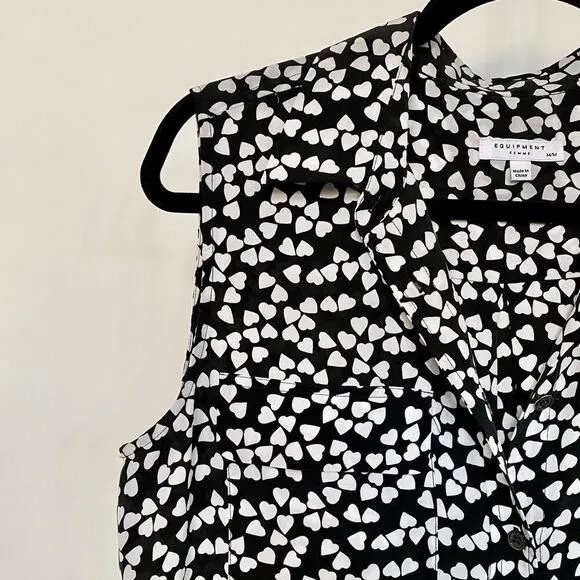 Equipment Black White Endless Hearts Printed Sleeveless Dress 100% Silk, Size M