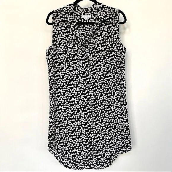 Equipment Black White Endless Hearts Printed Sleeveless Dress 100% Silk, Size M