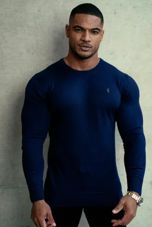 Father Sons Classic Navy Crew Neck Knitted Jumper with Metal Decal - FSN088